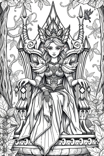 Detailed coloring page of an elf queen sitting on a throne in a forest with intricate designs created with generated ai