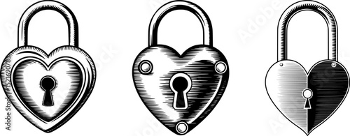 Vintage Heart-Shaped Lock Illustration – Minimal One Color Engraved Vector with Bold Outlines and Clean Lines on Transparent Background – Retro Love Symbol Design for Valentine’s Day, Romantic Project
