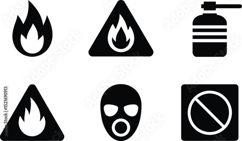 Illustration of fire symbol, fire warning sign, spray can, mask, and prohibition sign in black color