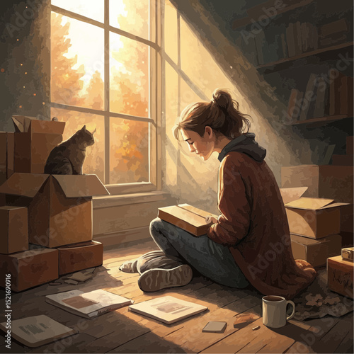 Young Woman Contemplatively Sorting Belongings Amidst Moving Boxes By A Window