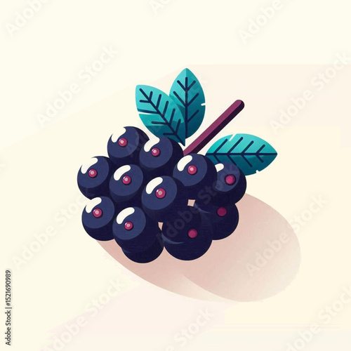 Cluster of deep purple berries with red centers accompanied by green leaves and a short brown stem