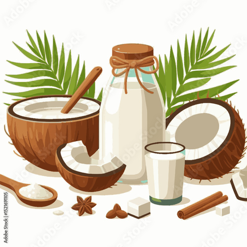 Coconut milk illustration open coconut bottle glass spoon star anise almond sugar cinnamon with palm leaves backdrop