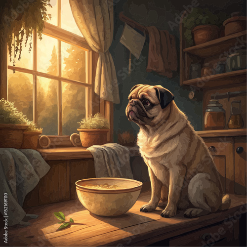  Pug Dog Serenely Waiting By Food Bowl Near Window Overlooking Sunlit Forest