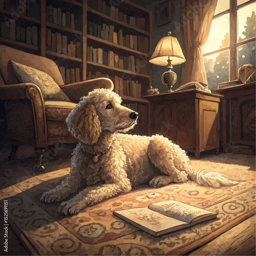 Calm Poodle Relaxing On Patterned Rug In Sunlit Vintage Room