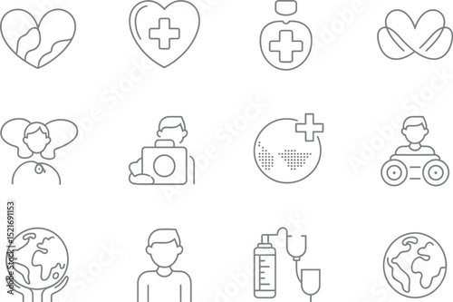 Various health and wellness icons arranged in a grid pattern on a white background in a line art style