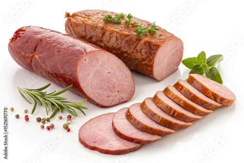 Slices of smoked ham or sausage isolated on white background