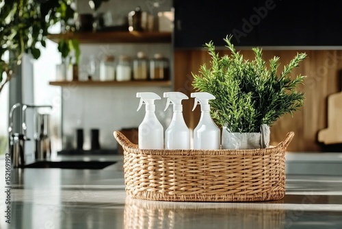 Clean Home Essentials Arranged in a Cozy Kitchen Setting With Natural Light
