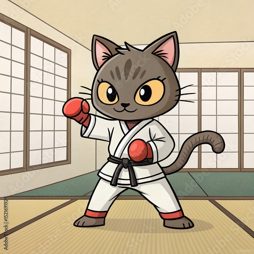 chibi style martial arts cat in a dojo  striking a