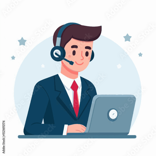 Man in suit with headset smiles at a laptop stars in the background