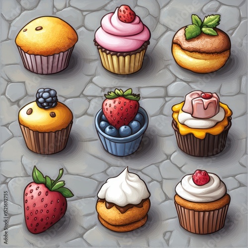 Colorful assortment of cupcakes and strawberries arranged on a textured surface for a delightful dessert display