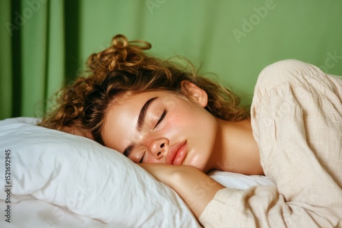Young Woman Peacefully Sleeping on a Soft Pillow in a Cozy Green Room During ...