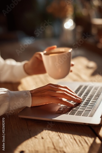 Coffee Lover Working on Laptop While Enjoying a Warm Beverage in Cozy Setting