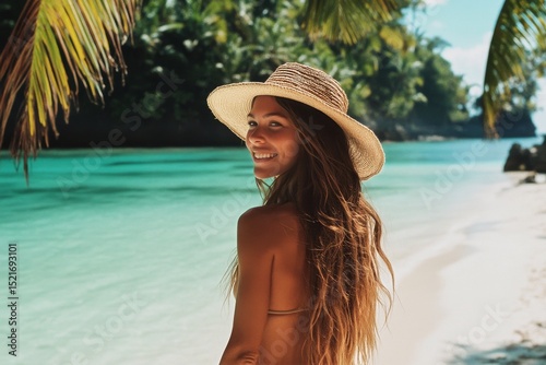 Young Woman Enjoying a Sunny Beach Day Near Clear Turquoise Water With Palm T...