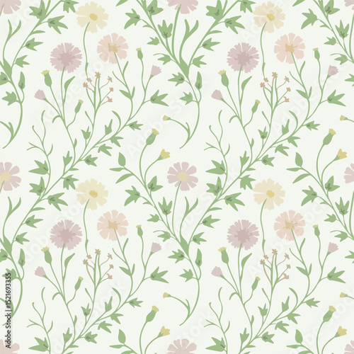  Seamless floral pattern with wildflowers and green leaves.