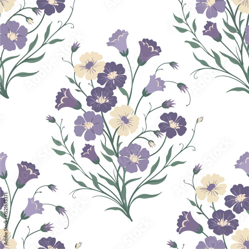  Seamless floral pattern with purple wildflowers and green leaves.