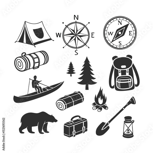 Camping and Outdoor Adventure Glyph Icons Set – Black Silhouette Vector Pictograms Featuring Tent, Campfire, Backpack, Compass, Kayak, Hiking, and Wilderness Travel
