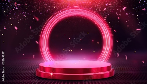 Red Podium for Product Presentation with Pink Neon Circle Vector Illustration