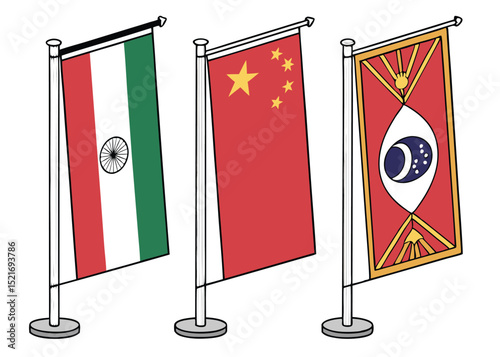 Three flags on poles. The first flag has green, white, and orange vertical stripes with a blue wheel. The second flag is red with five yellow stars. The third flag is red with a blue crescent moon.