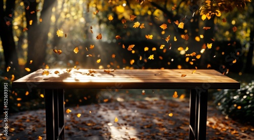 Autumn Leaves Dancing in Sunlight Above a Wooden Table in a Serene Outdoor Se...