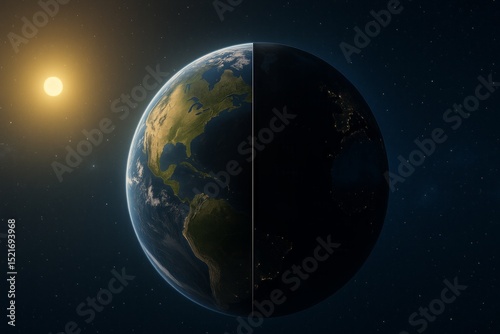 Stunning Detailed Earth Day Night View Planet Rotating Space Sun Light Background Image High Resolution Global Map World Illustration Digital Art Graphic Design Element Blue Dark Globe Color Green    