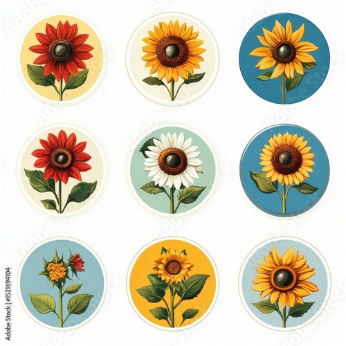 Colorful flower illustrations featuring sunflowers and other blooms on a bright background