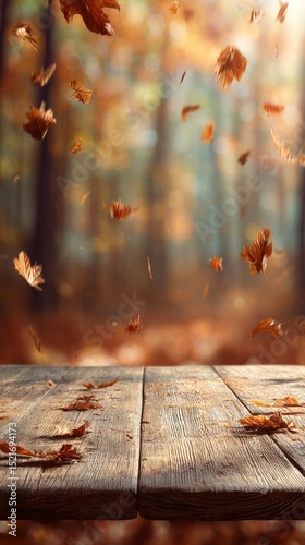 Autumn Leaves Gently Falling Over a Rustic Wooden Table in a Serene Forest Se...