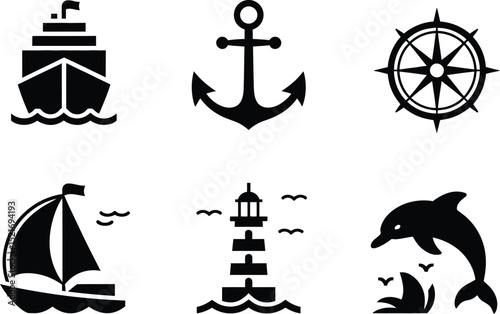 A collection of nautical themed icons including a ship anchor compass sailboat lighthouse and dolphin