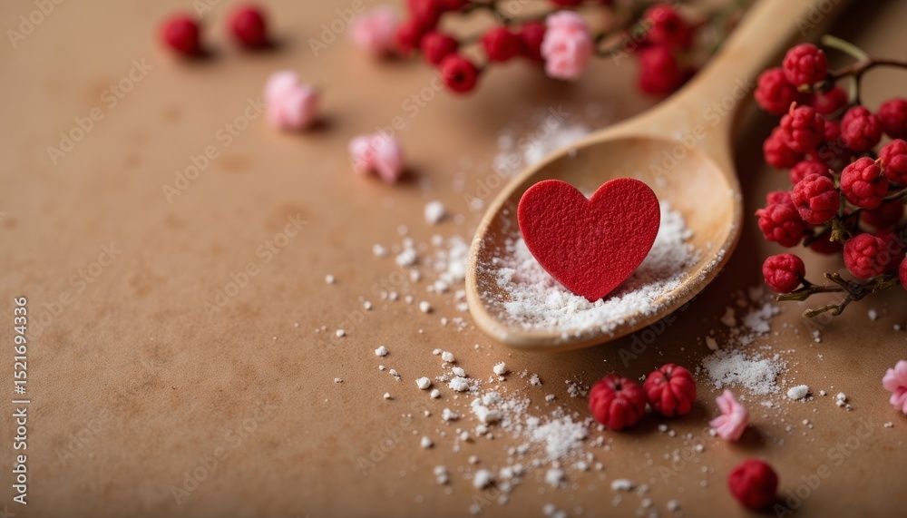 Fototapeta premium Red heart shape on wooden spoon with sugar and berries on table 