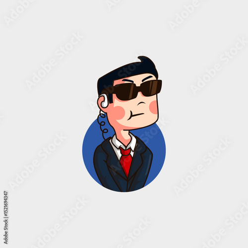 cute cartoon logo mascot of a man in sunglasses serving as a secret agent, guard, in a suit