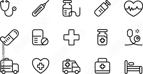 A collection of medical icons including a stethoscope syringe and ambulance in a line art style design