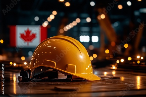 Yellow Hard Hat on Wooden Table With Canada Flag in Background During Evening...