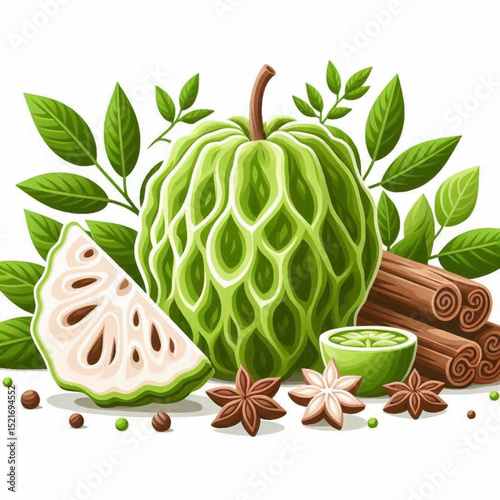 Soursop fruit star anise  cinnamon sticks A slice reveals the white flesh with dark seeds Leaves behind spices in front