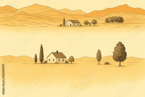 Serene Rural Landscape Illustration Two Houses Rolling Hills Peaceful Countryside Simple Farmhouses Yellow Ochre Tones Tranquil Nature Scene Artistic Drawing Minimalist Style Idyllic Pastoral View    