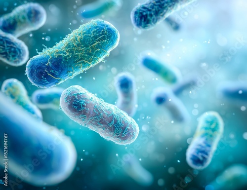 3D Illustration of Blue and Green Bacteria Cells in a Microscopic Environment - Microbiology and Science Concept for Medical Research and Disease Study