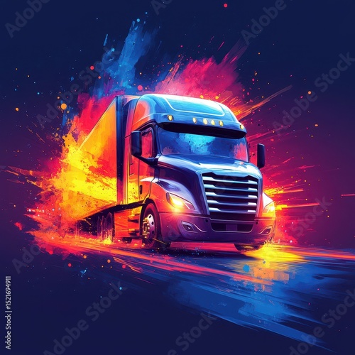 Colorful artistic representation of a truck in motion creating a vibrant spray of colors on the road