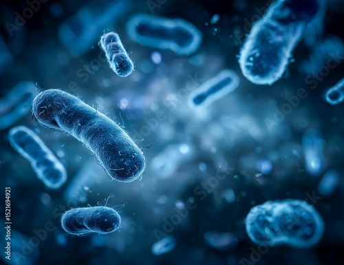 3D Illustration of Blue and Green Bacteria Cells in a Microscopic Environment - Microbiology and Science Concept for Medical Research and Disease Study