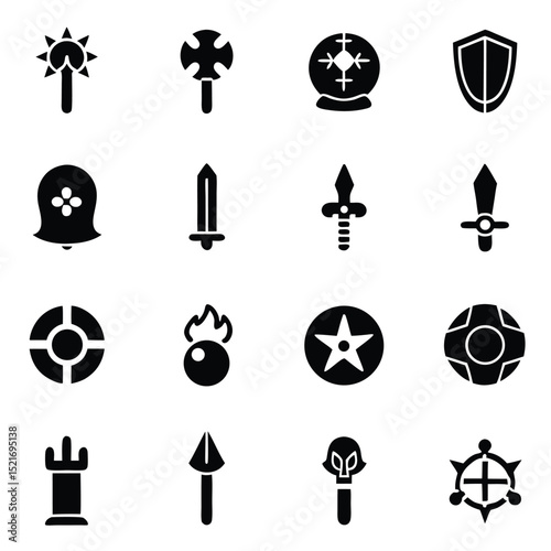 Collection of Fantasy Game Icons in Black and White Style