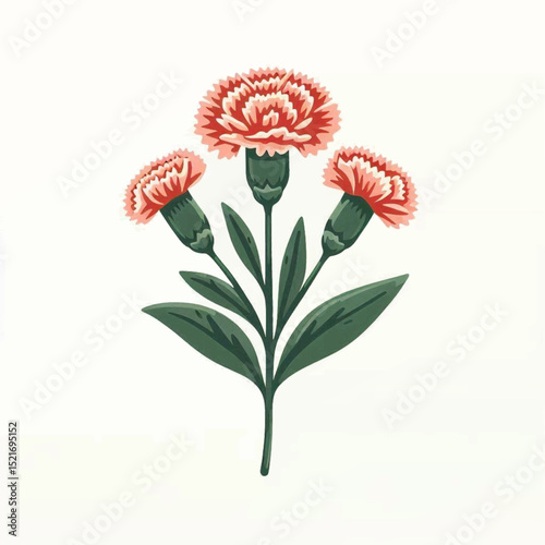 Three stylized pink carnations depicted with green stems and leaves against a white background