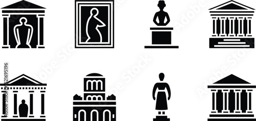 An illustration featuring various museum icons including buildings statues and framed artwork in black and white
