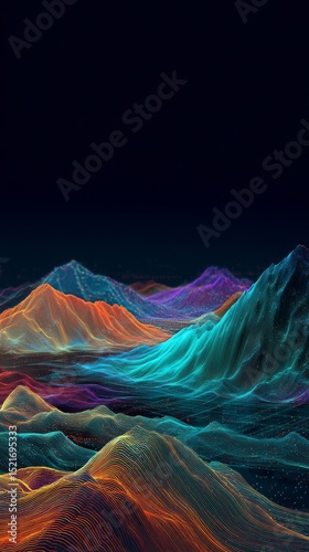 Digital Art Depicting Colorful Abstract Mountains and Valleys in a Dark Lands...