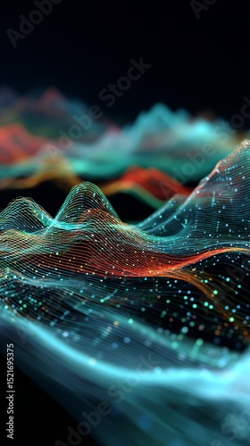 Digital Art Depicting Colorful Abstract Mountains and Valleys in a Dark Lands...