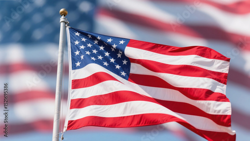 American Flag Waving with Another Flag Blurred in the Background