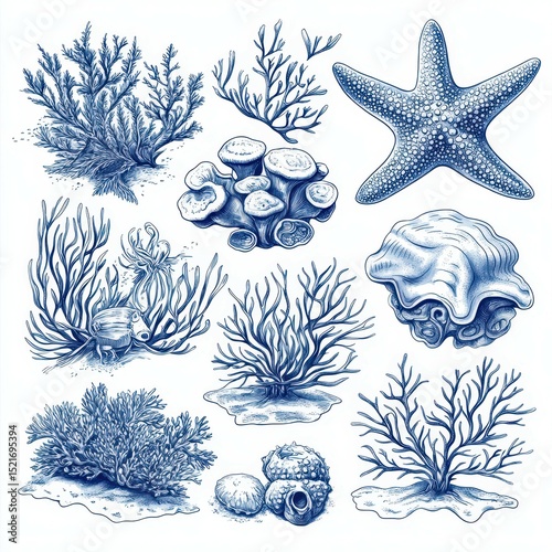 Artistic illustration showcasing various coral and marine life in blue tones depicting underwater habitats and ecosystems