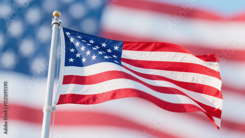 American Flag Waving with a Second Flag Blurred in the Background