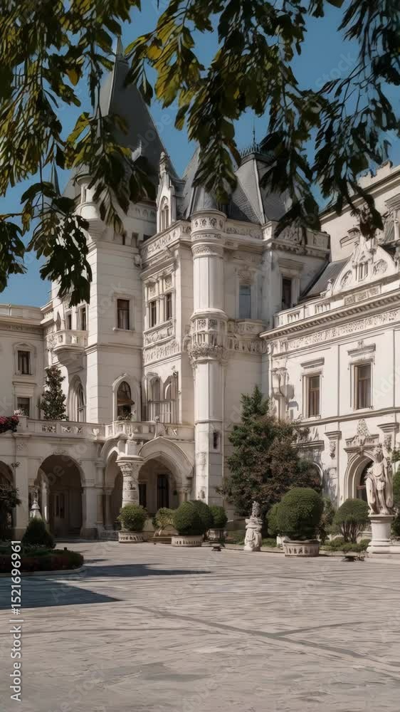 Elegant neo-gothic style white castle with towers, arched courtyard, topiary gardens and classical statues against a clear blue sky Elegant neo-gothic style white castle with towers, arched courtyard, topiary gardens and classical statues against a clear blue sky