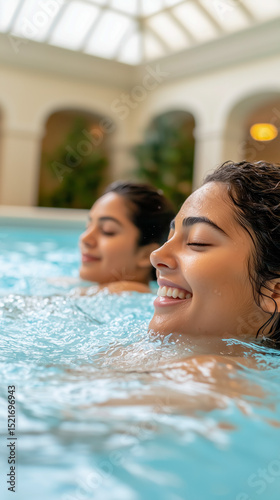Two women swim in a tranquil indoor pool, their faces illuminated by soft light. Water ripples around them, reflecting the serene atmosphere and lush greenery.