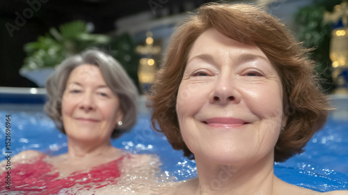 Two women enjoy a relaxing moment in a spa pool. One has gray hair and wears a red swimsuit, while the other smiles softly, surrounded by lush greenery.