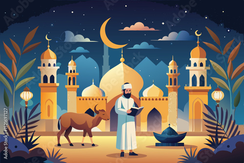 Eid al-adha man reading holy book mosque background