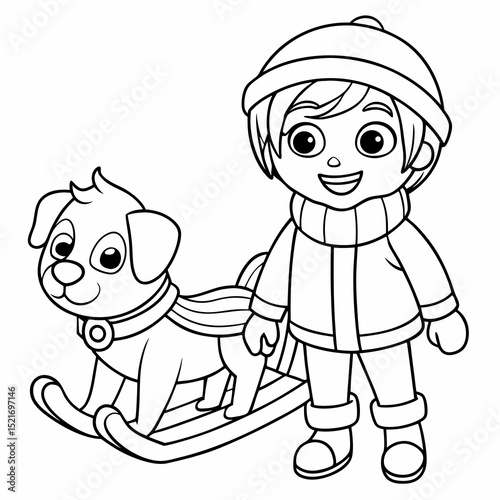 Happy boy and dog on winter sled ride