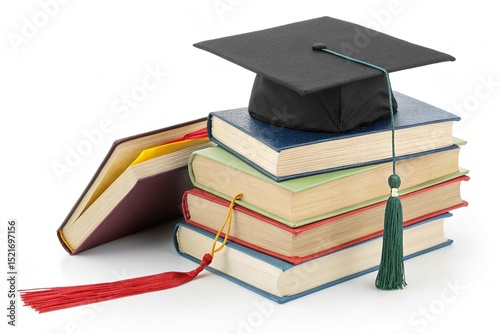 Education and Learning Concept. Stack of Colored Books with Bookmarks and Square Graduation Cap. realistic isolated on white background